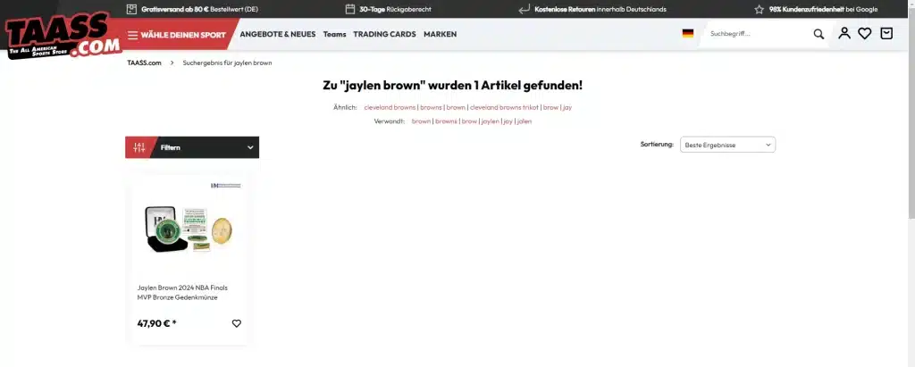 Produktübersicht zu Artikeln von Jaylen Brown im TAASS Online-Shop